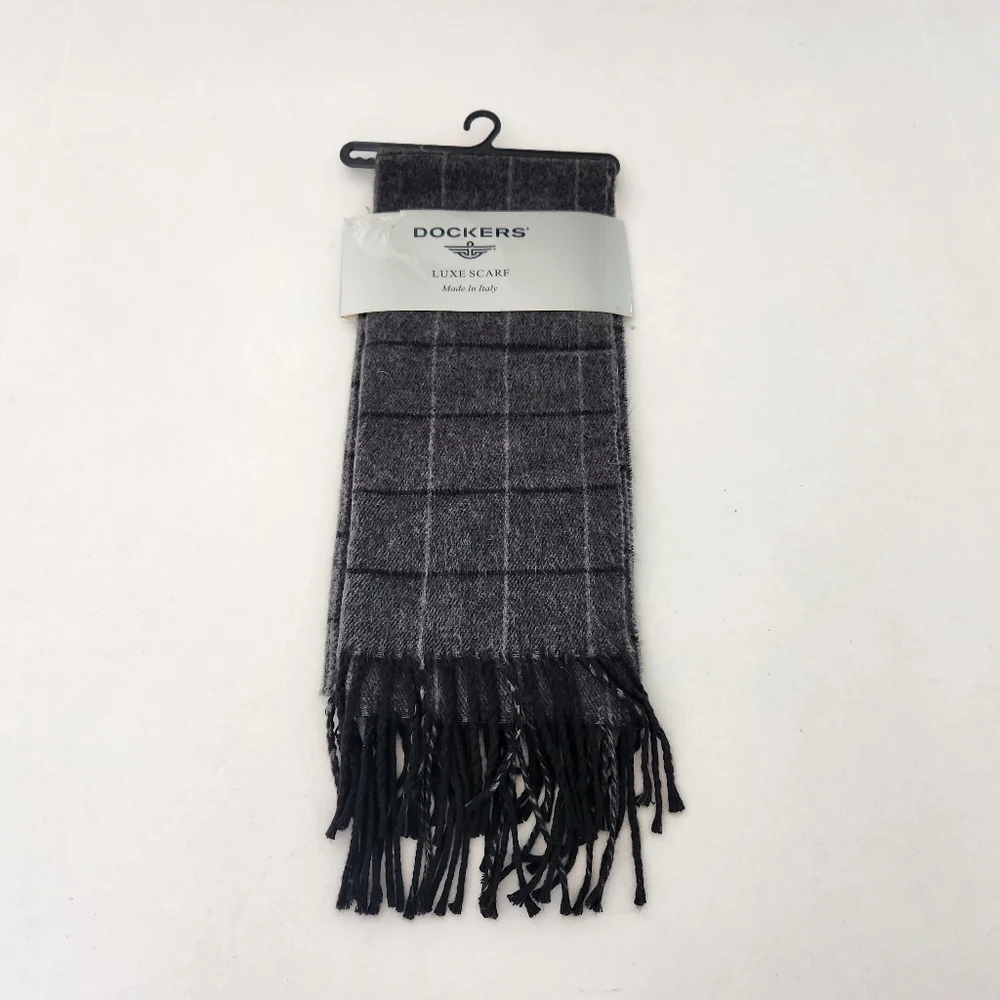 Dockers Charcoal Black Checkered Fringed Luxe Scarf ~ Made in Italy ~ NWT